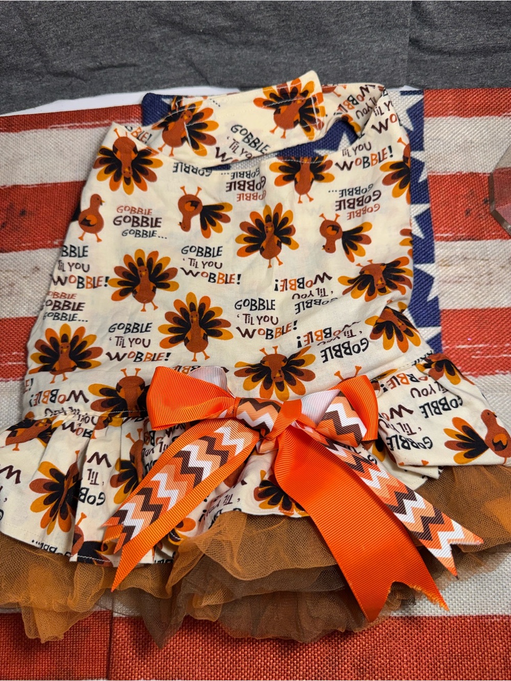 Thanksgiving Turkey Print Dog Dress with Orange Bow